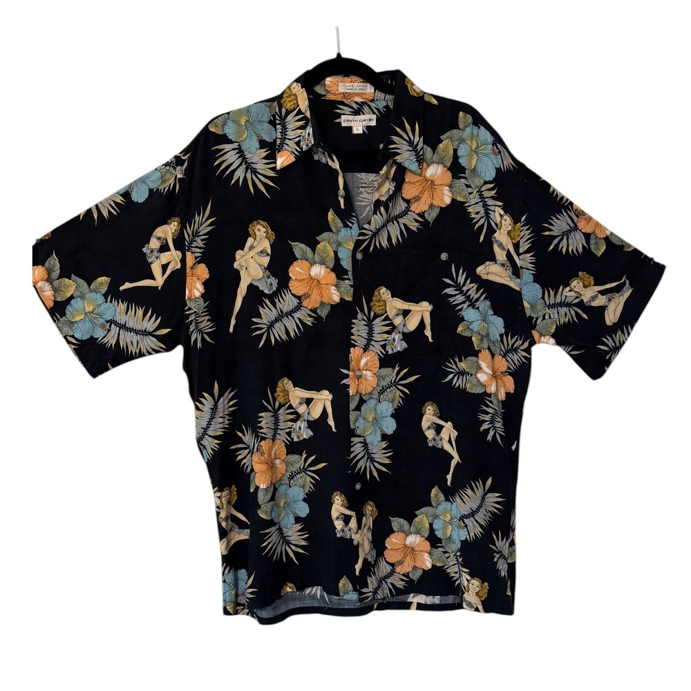 VTG Pierre Cardin Button Down Mens L Black Pinup Girl Tropical Floral Rockabilly